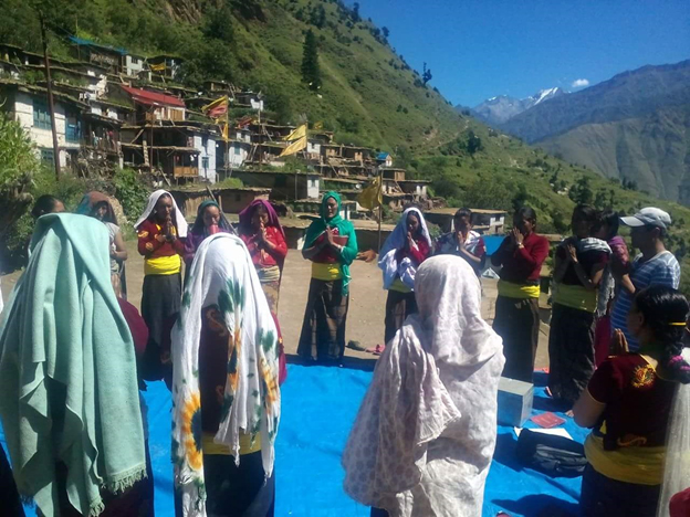 Locha Deurali self-reliant group women's member attending group meeting in one of the remote area in the high hill of Dolpa district .