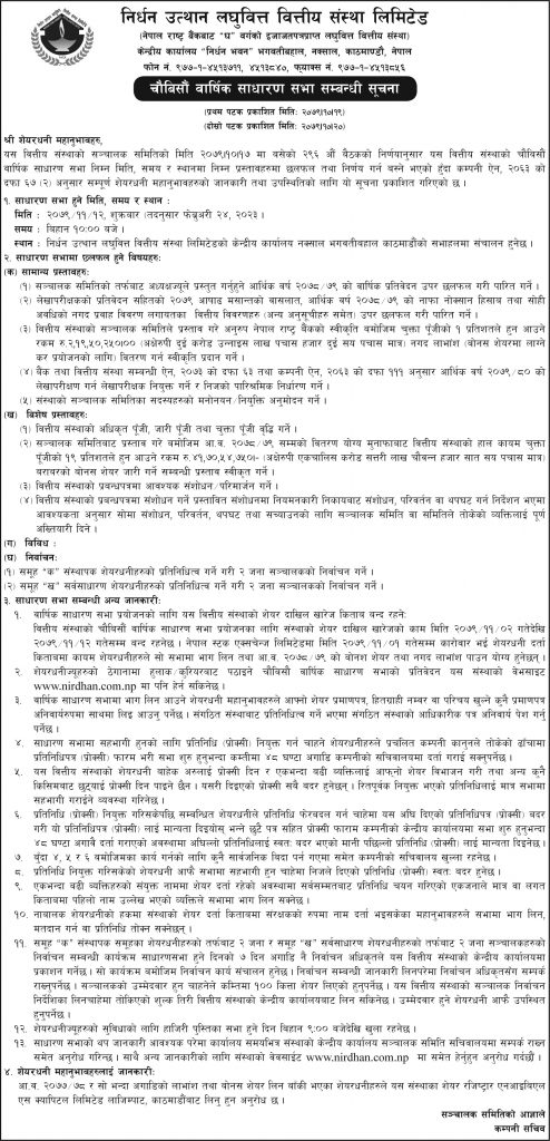 Nirdhan AGM Notice (2079-10-17 BS)
