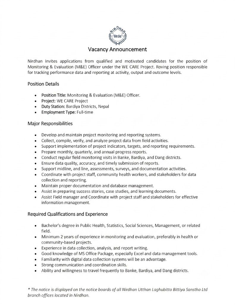 Vacency announcament for M&E office -We care project